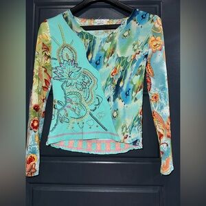 Alberto Makali Turquoise and Multicolor Floral Long Sleeve Top